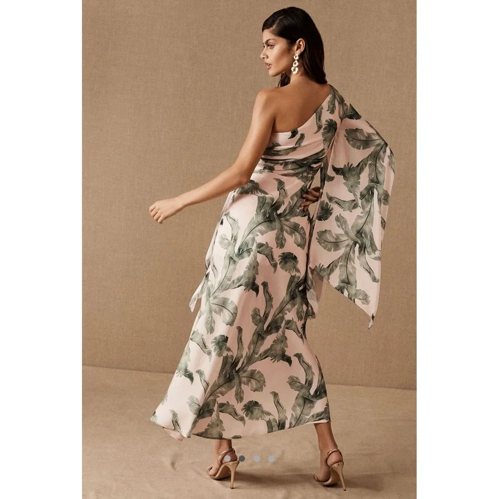 Significant Other $329 Pink Green Tropical Leaf‎ One Shoulder Maxi Dress US 10
